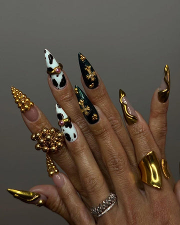 Cow Print Gothic Press On Nails By SugarNailArt | Black Gold Gothic Fake Nails | Luxury Gothic Nail Art | Edgy Bold Press Ons