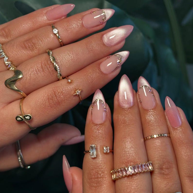 Galaxy Pink Blush Glittery French Cat eye Nails | Reusable Press on Nails | Fairy Almond nails | Minimalist Style Nails | French Tip Nails