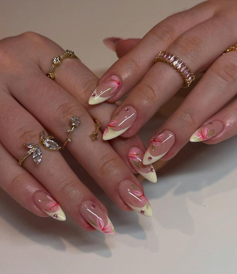 Summer Floral Press On Nails, Yellow French Tips Fake Nails, Handpainted Summer Nails with Pink Blossom, Beach Vacation Nails, Party