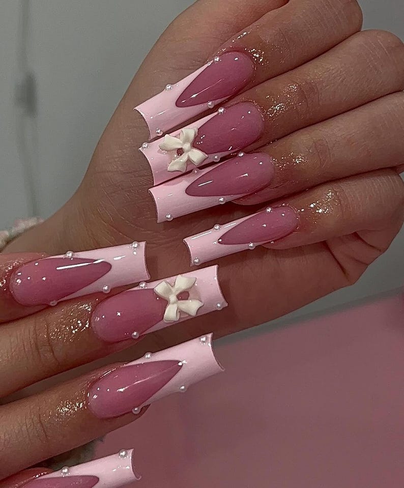 Pink Polka Dot Press On Nails | Long Square Kawaii Bow Pearl Nails | Pink French Tip Cute Spring Set | Valentines Press On Nails