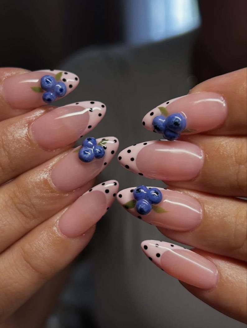 Cute Blueberry Press On Nails, Pastel Pink Almond Nails with Polka Dot French Tips and 3D Blueberry Nail Art, Cute nails