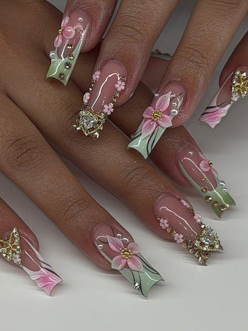 Pastel Garden Bloom Press On Nails | 3D Pink Flowers & Gold Butterfly Accents | Mint Green French Tips with Gems