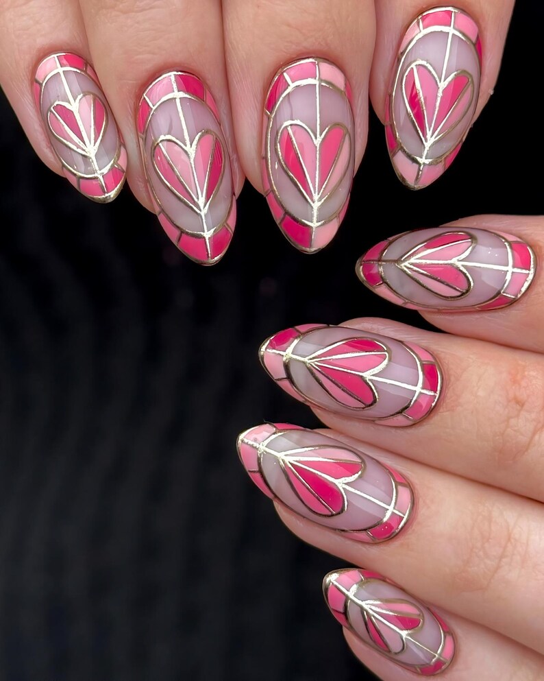 Pink Gold Heart Press On Nails, Stained Glass Almond Nail, Elegant Valentine Nails, Nude Pink Almond Nail, Luxury Handmade Romantic Nail Set