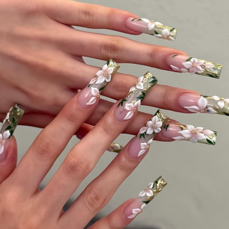 Enchanted Floral Press On Nails | Luxury 3D White Floral Nail Art | Green & Gold Coffin Nails | Elegant Wedding Nails