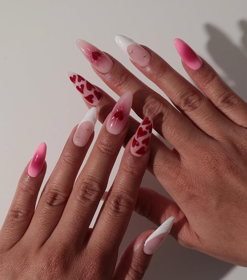 Valentine's Day Heart Press-On Nails | Pink and Red Heart Design | Handcrafted Love-Themed Nails for Valentine's Day | Romantic Nail