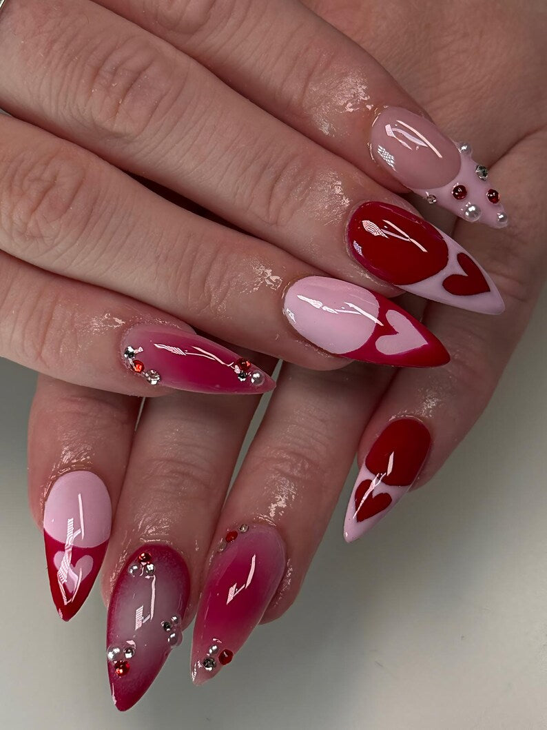 Red Pink Heart Press On Nails, Glitter Valentine Nails, Ombre Almond Nails with Pearls & Gems, Romantic Love Nails, Nails for Date Night