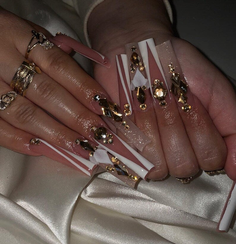 Luxury 3D Rhinestone Geometric White Lines XL Square Press On Nails | Gold Bling Baddie Nail Art | Gyaru Nails For Night Out Event