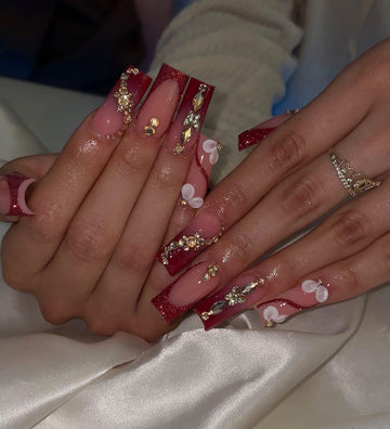 Luxury 3D Flower Red Glitter French Tip Press On Nails | Rhinestone Bling Long Square Fake Nails | Handmade Date Night and Wedding Nail Art