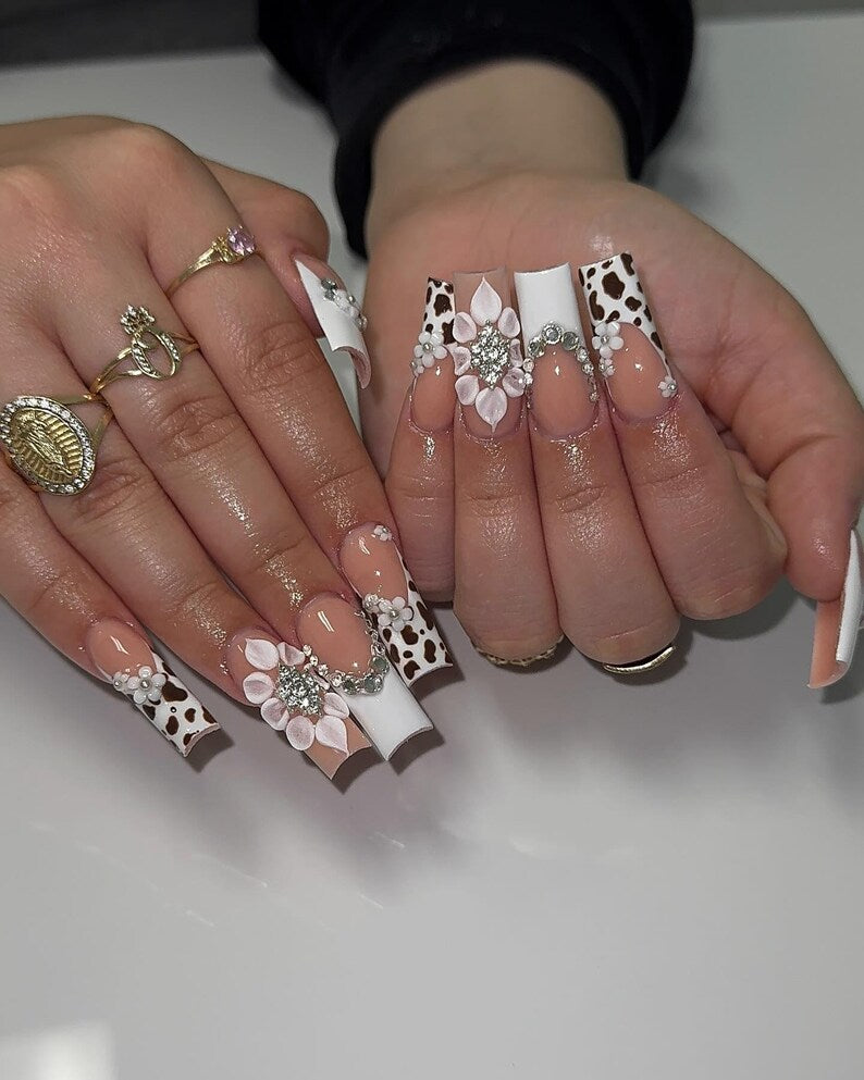 Custom Cow Print & 3D Flower Square Press On Nails | Luxury Silver Rhinestone Western Glam Fake Nails | Gemstone Nails with Silver Accents