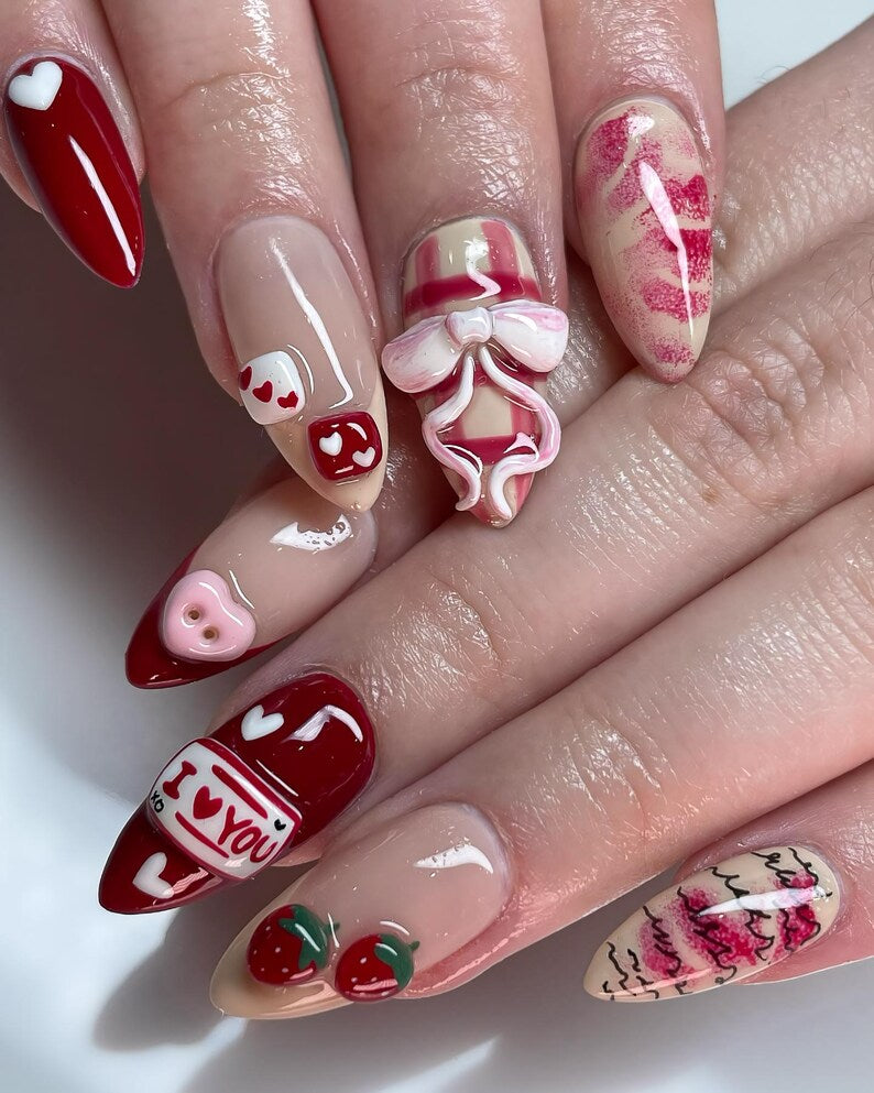 Cute Romantic Press On Nails, Valentine Nails with 3D Bows and Cherries, I Love You Nail Set, Red Nude Heart Nails, Kawaii Nails