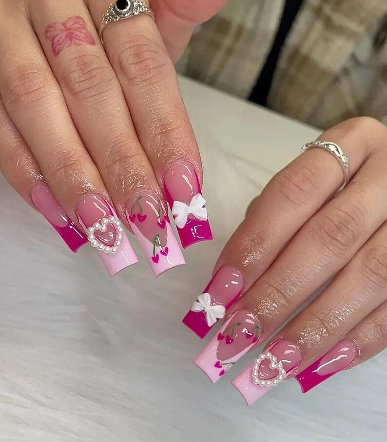 Pink Cherry Bow Press On Nails, 3D Bow Heart Nails, Valentine Nails, Glossy Pink French Tip Nail Set