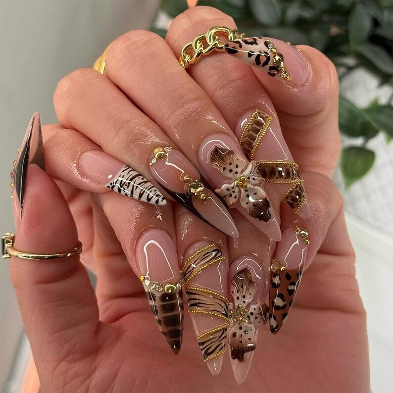 Luxury Brown Press On Nails | 3D Leopard Zebra Print Nail Art | Gold Chain Animal Nails | Wild Chic Long Press Ons