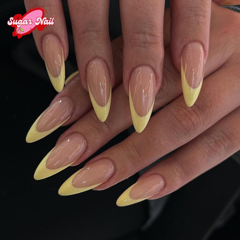 Soft Yellow French, Almond Press On Nails, Spring Pastel Nail, Flower Design, Elegant Handmade, False Tips, Reusable Nail Art Set, Holiday