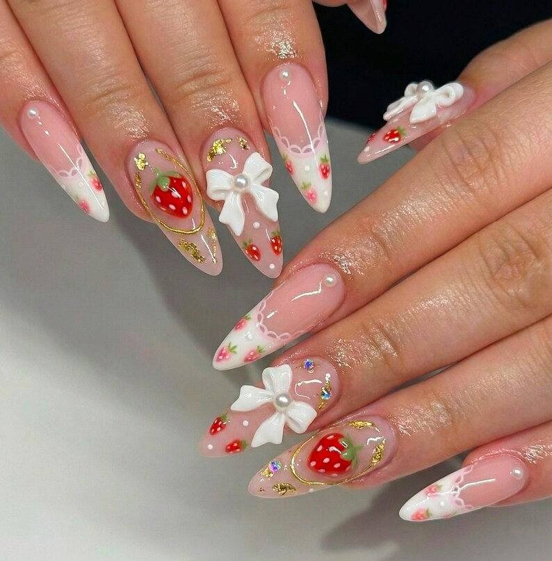 Cute Strawberry Bow Press On Nails | Pink French Tip Nails | Cute 3D Kawaii Nail Art | Handmade Luxury Press Ons (Copy)