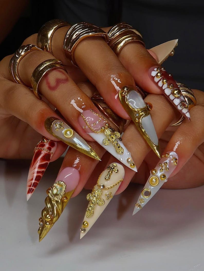 Freestyle Luxury Baroque Gold 3D Press On Nails with Cross Pearl Gem Design, Long Almond Handmade Gothic Nail Art Set For Party, Birthday