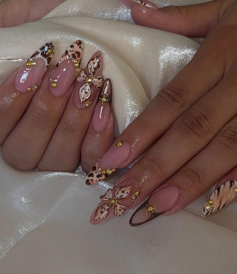 Brown Leopard Print Press On Nails | Long Almond French Nails | Zebra & Crocodile Pattern Nail Art | 3D Floral Elegant Nails