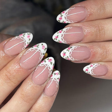Floral Lace French Press On Nails, Soft Pink Romantic Nails with Hand Painted Rose Tips, Elegant Coquette Nail Set, Pink French Tips Nails