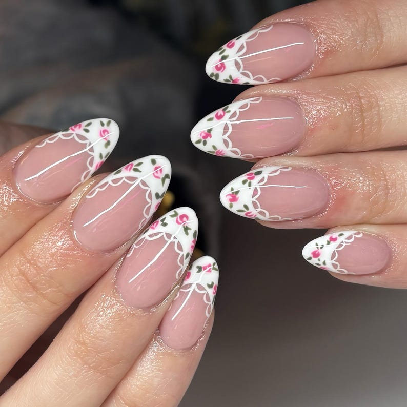 Floral Lace French Press On Nails, Soft Pink Romantic Nails with Hand Painted Rose Tips, Elegant Coquette Nail Set, Pink French Tips Nails