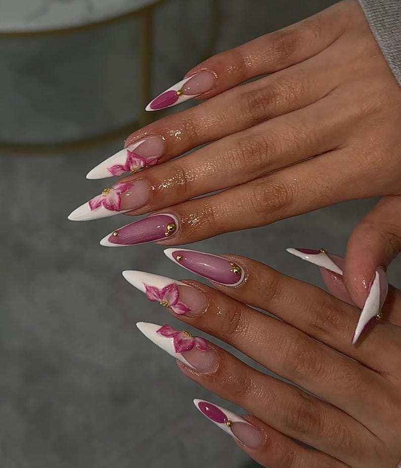 Elegant Orchid Bloom Press On Nails | White French Stiletto Nails | 3D Floral Accent| Elegant Pink & White Nail Art | Handmade Nail