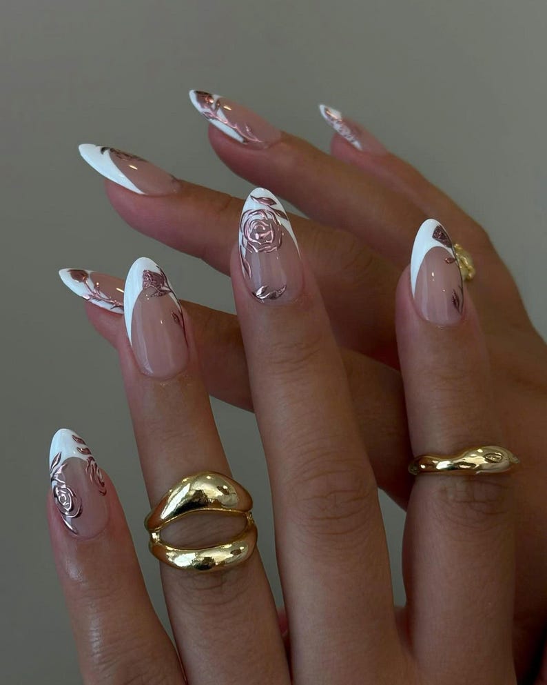 Romantic Rose Press On Nails, Elegant Handmade Press Ons with Pink Chrome Floral Nail Art, Luxury French Tips Nails, Special Occassion Nails