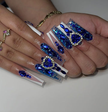 Hand-Painted Royal Blue 3D Heart Luxury Long Square Press On Nails | Elegant Rhinestone V-Cut French Tip Nails | Handmade Glam Nail Art