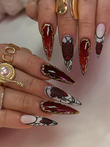 Stained Glass Rose Press On Nails | Gothic Red Floral Transparent Nails | Glass Effect 3D Rose Design | Velvet Rose Deep Red Glossy Nails