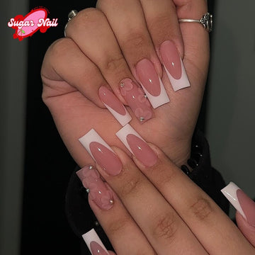 French – Press-On Nails with Neutral Pink Base, White French Tips & Floral Accents | Handmade Fake Nails Glue-On Nail Extensions