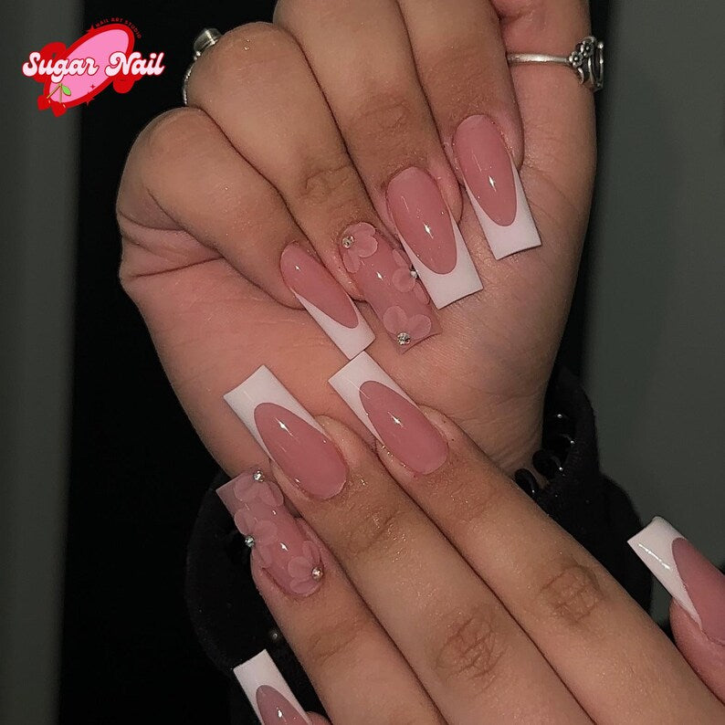 French – Press-On Nails with Neutral Pink Base, White French Tips & Floral Accents | Handmade Fake Nails Glue-On Nail Extensions