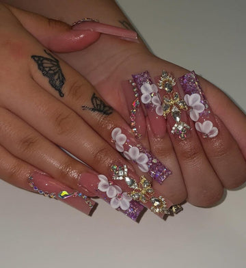 Bling 3D Flower Luxury Mauve & Purple Glitter Long Square Press On Nails | Crystal Butterfly Nail Gems | Luxury 3D Floral Nails For Bridal