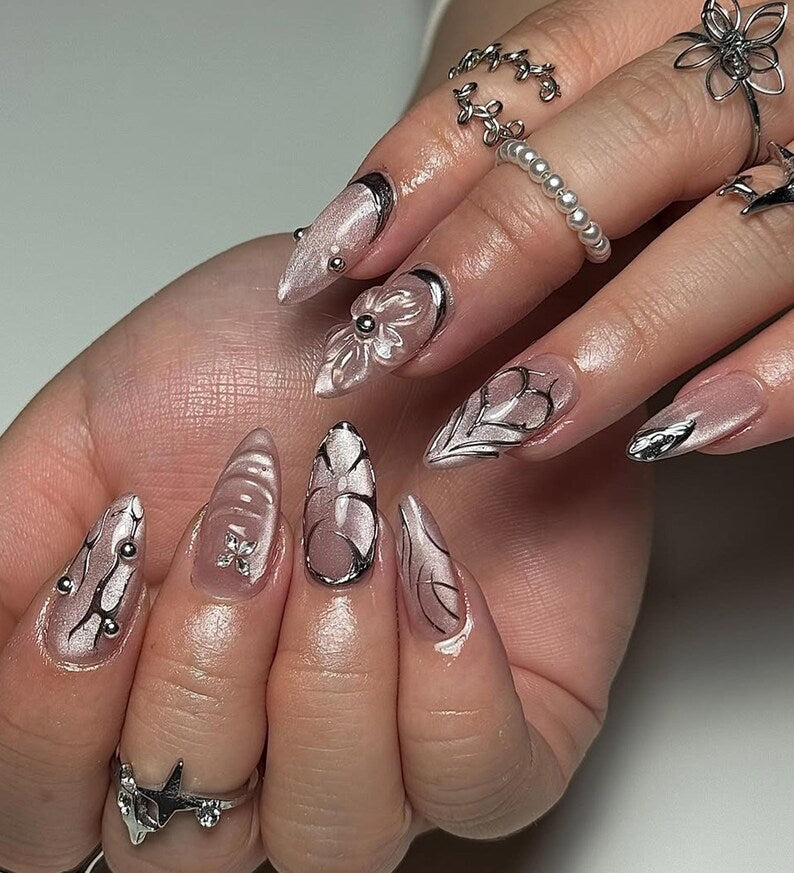 Gothic Silver Bloom Press On Nails | Metallic Floral Nail Art | 3D Chrome Accents | Elegant Gothic Statement Nails