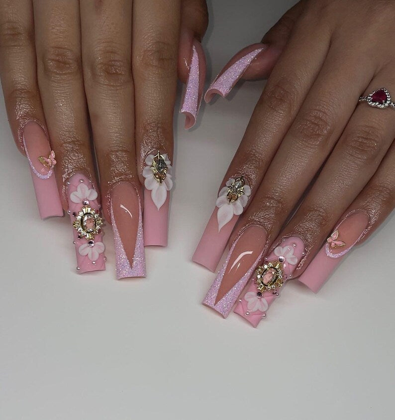 Hand-Painted 3D Flower & Butterfly Pink Luxury XL Square Press On Nails | Coquette Aesthetic Rhinestone Fake Nails for Prom and Party