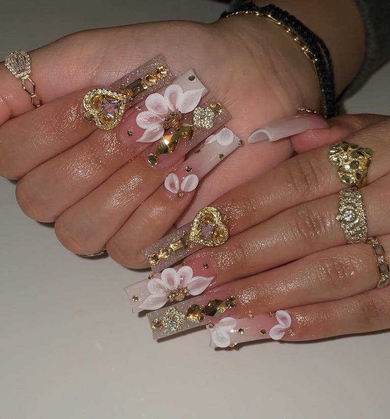 Handmade XL Gold Luxury 3D Flower Press On Nails | Maximalist Heart Crystal Rhinestone XL Square Fake Nails | Elegant Birthday And Event Art