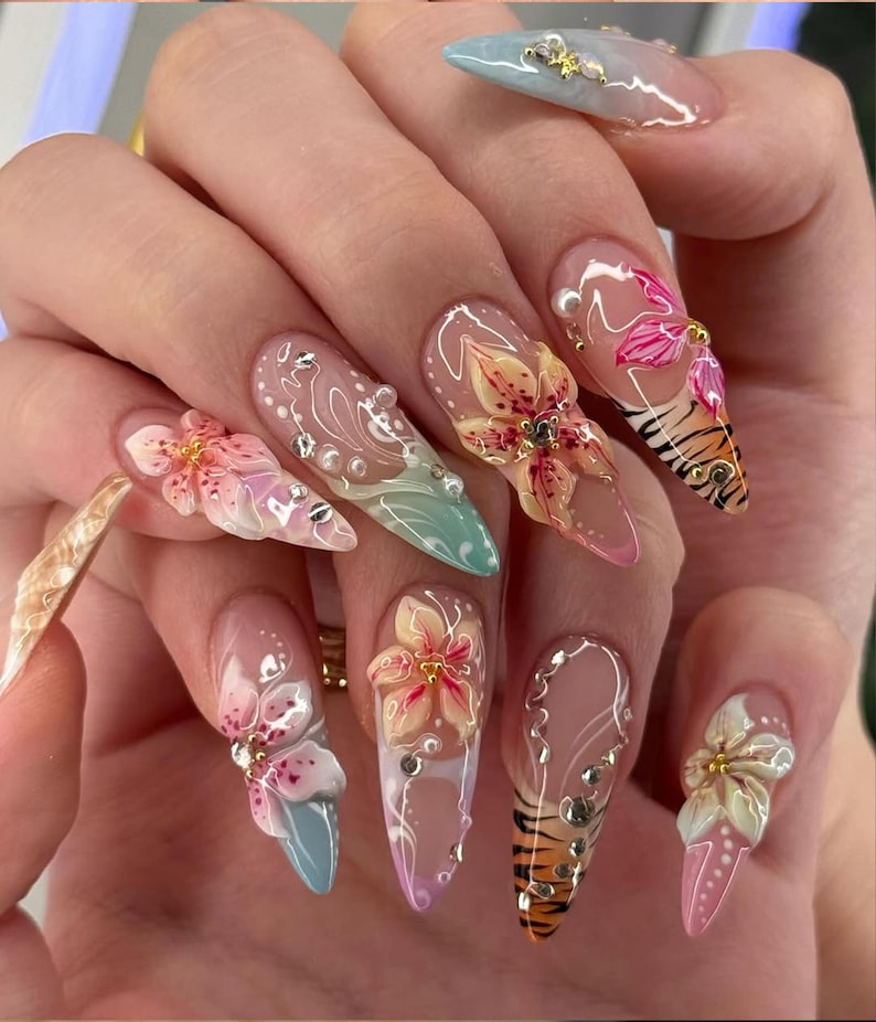 Tropical Glam Press On Nails | Floral & Tiger Nail Art | Y2K Pastel Summer Nails | Bold Vacation Nails | Long Stiletto Leopard Nail