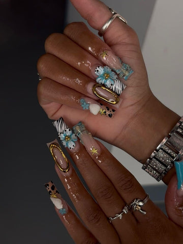 Luxury Animal Print Press On Nails | Long Coffin 3D Floral Nails | Zebra Leopard Gold Edge | Star Charm Press Ons