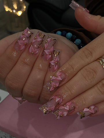 Pink 3D Floral Press On Nails | Long French Tip Barbiecore Nails | Pastel Gold Flower Charm | Girly Glossy Set | Elegant Long Fake Nails