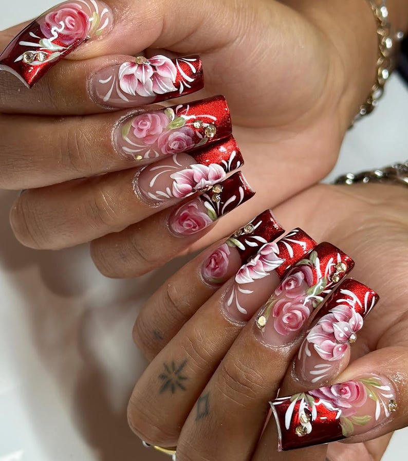 Burgundy Floral Press On Nails | 3D Rose Nail Art with Gems Nails | Floral Handpainted Rose Nails | Floral Wedding Press Ons