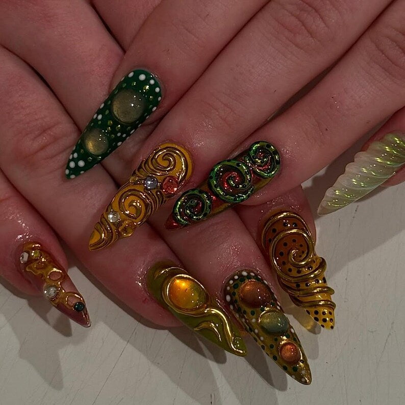 Colorful 3D Texture Press On Nails By SugarNailArt | Eye Art Fake Nails | Funky Gold Accent Nail Art | Color Pop Press Ons | Luxury