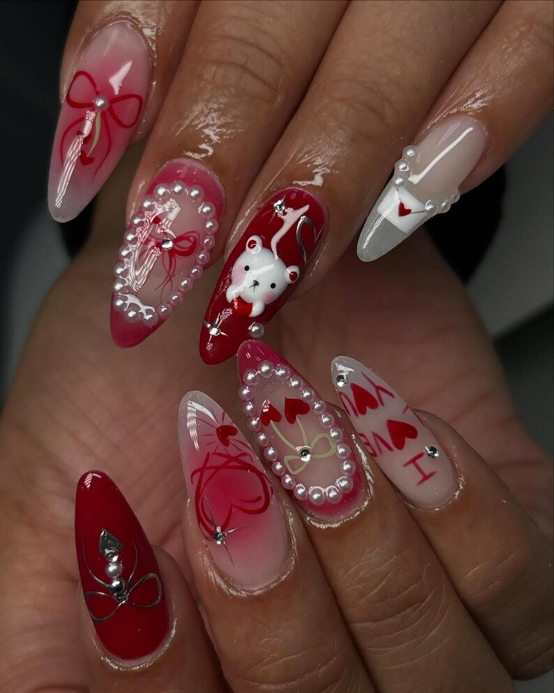 Sweet Love Press On Nails, Romantic Red & Pink Nails with Heart Bow and Bear Design, Valentine Nails, Handmade Love Nail Set, Cute Nails