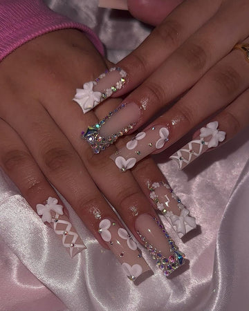 Classy Press On Nails | Long Square French Tip Nails | Floral Bow Rhinestone Design | Elegant French Tip Press On Nails