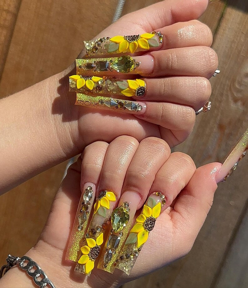 Sunflower Press On Nails: 3D Floral Nail Art | Luxury Gold Press On Nails | XL Square Sparkly Nails | Glam Sunflower Rhinestone Nail Art