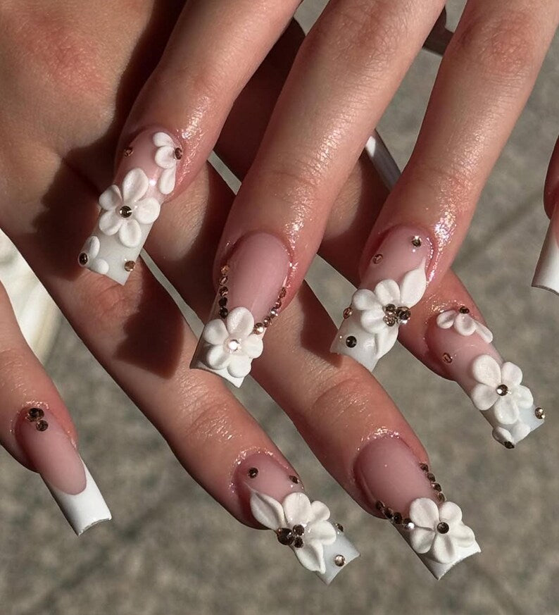 White Garden Bloom Press On Nails | 3D Floral French Tips | Elegant Wedding Nail Art | Handmade Luxury Square Nails