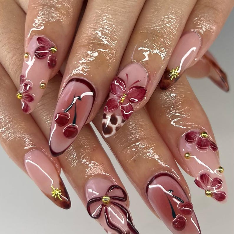 Cherry Cute 3D Press On Nails | Colorful and Playful Fake Nails | Custom 3D Animal and Bow Nail Art | Handcrafted Kawaii Nail Art