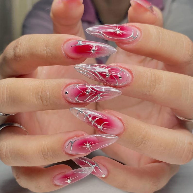 Gothic Valentine Press On Nails | Sparkly Ombre Pink Fake Nails | Artistic Pink Gradient Nail Art | Pink Glitter False Nail | Press Ons