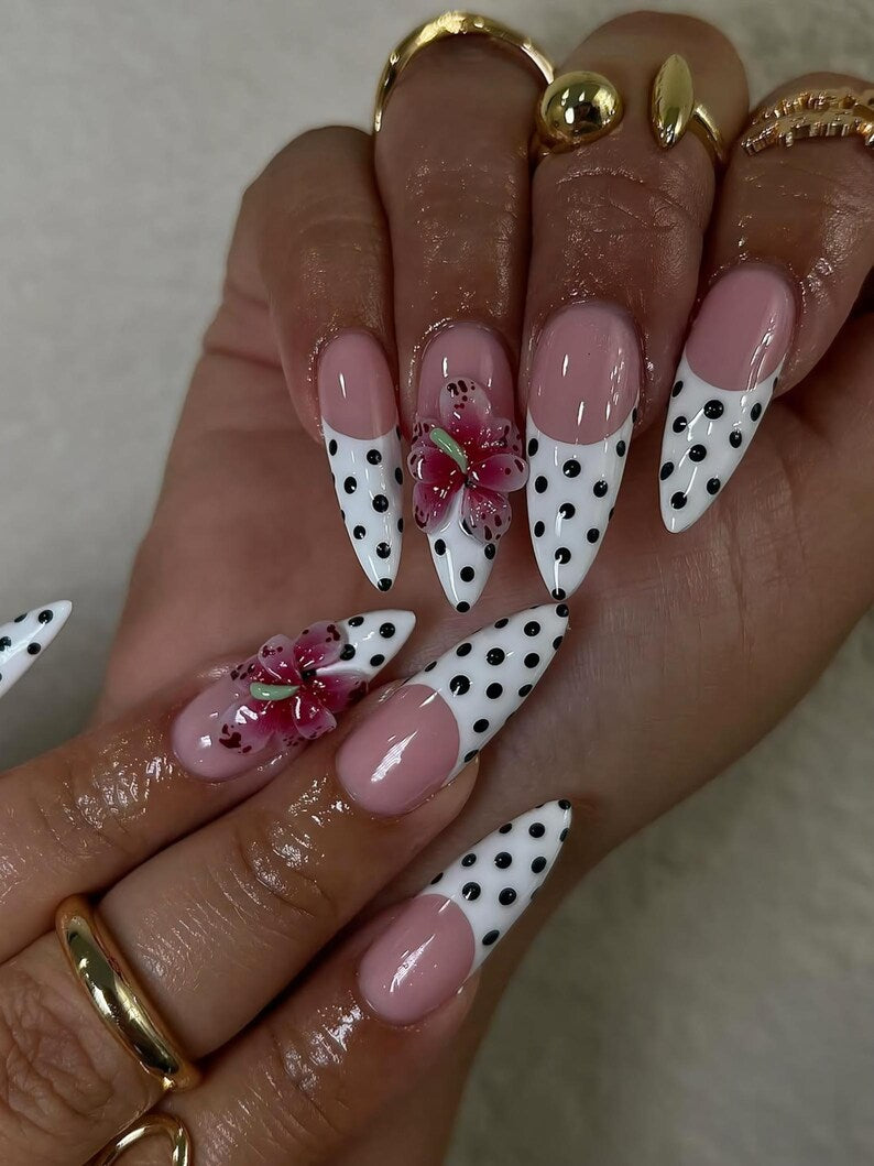 3D Orchid Polka Dot Press On Nails, Pink and White French Tip Nails with Hand Painted Flower, Retro Chic Nails, Handmade Nail Set