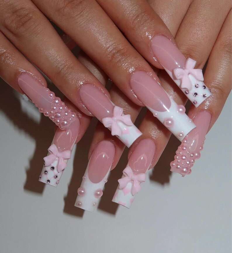Valentines Pink Bow Press On Nails | Pink, White French Tip Nail Art | Handmade Girly Nail Set |3D Bow Nail | Soft & Elegant Design