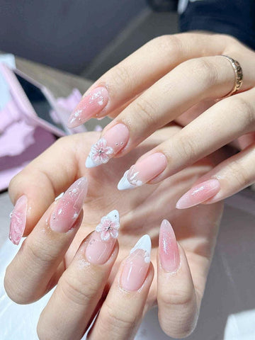 3D Flower FreeStyle Medium Almond Press On Nails | Pink ombre nail | French nail