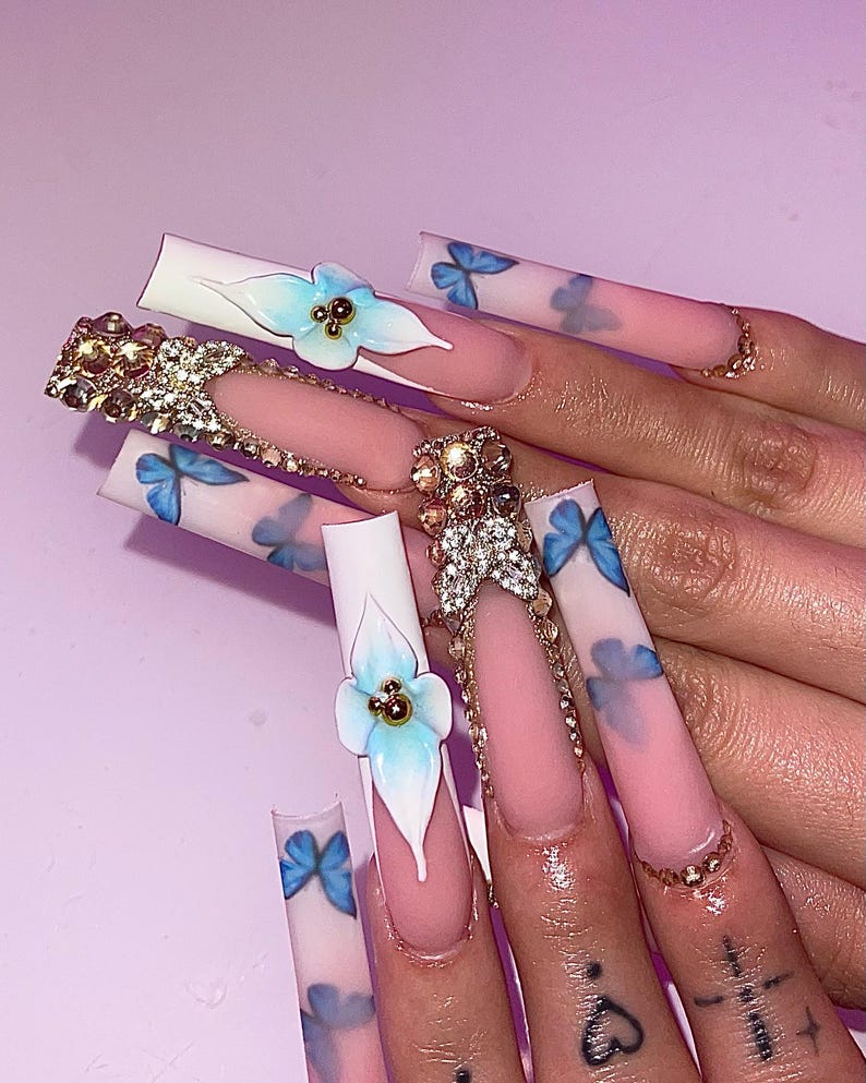 Blue Butterfly Press On Nails | XL Square French Tip Nails | White Blue 3D Orchid Rhinestone Nail Art | Elegant Luxury Press Ons