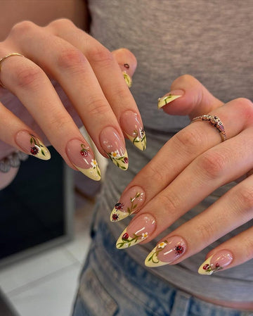 Ladybug Garden Press On Nails | 3D Floral Spring Fake Nails | Spring Meadow Nail Art | Floral French Tip Design Nails