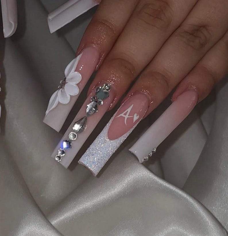 Custom Initial 3D Flower Bling Luxury Press On Nails | White French Tip Rhinestone XL Square | Bridal Nails Acrylic | Wedding Nail Art