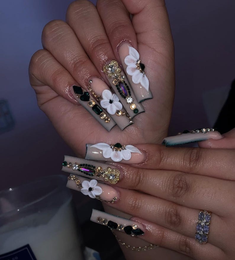 Handmade 3D Flower Emerald Green Square Press On Nails | Gold Crystal Bling Flared XL Fake Nail | Luxury Elegant Dark Aesthetic Nail Art
